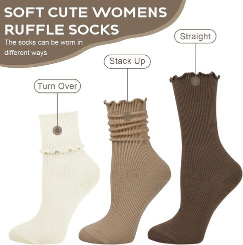 Justay 6 Pairs Womens Ruffle Socks Soft Cute Frilly Turn-Cuff Long Socks Casual Knit Cotton Crew Socks for Women Gifts in Kuwait