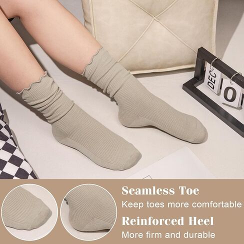 Justay 6 Pairs Womens Ruffle Socks Soft Cute Frilly Turn-Cuff Long Socks Casual Knit Cotton Crew Socks for Women Gifts in Kuwait