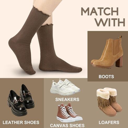 Justay 6 Pairs Womens Ruffle Socks Soft Cute Frilly Turn-Cuff Long Socks Casual Knit Cotton Crew Socks for Women Gifts in Kuwait