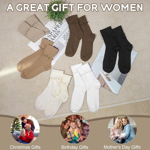Justay 6 Pairs Womens Ruffle Socks Soft Cute Frilly Turn-Cuff Long Socks Casual Knit Cotton Crew Socks for Women Gifts in Kuwait