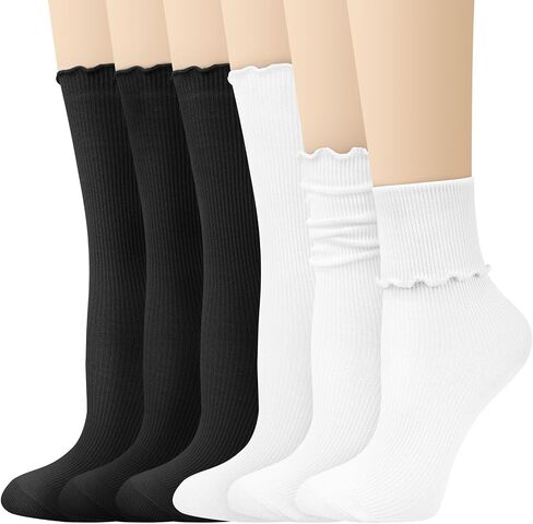 Justay 6 Pairs Womens Ruffle Socks Soft Cute Frilly Turn-Cuff Long Socks Casual Knit Cotton Crew Socks for Women Gifts in Kuwait