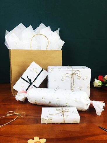Bzumoot 50 Sheets Tissue Paper 20 * 28 Inches White and Gold Tissue Paper for Gift Bags Love Flower Wrapping Gift Paper Tissue Paper Packaging for Lovers Friends Elders in Kuwait