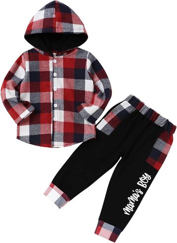 Fuermos Toddler Boy Clothes Plaid Flannel Hoodied Sweatshirt Tops + Letter Print Pants Boys Fall Winter Outfits in Kuwait