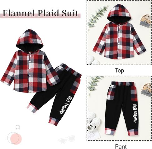 Fuermos Toddler Boy Clothes Plaid Flannel Hoodied Sweatshirt Tops + Letter Print Pants Boys Fall Winter Outfits in Kuwait