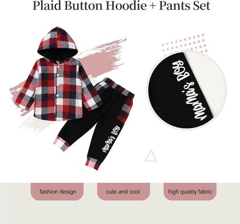 Fuermos Toddler Boy Clothes Plaid Flannel Hoodied Sweatshirt Tops + Letter Print Pants Boys Fall Winter Outfits in Kuwait