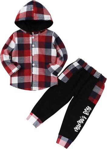 Fuermos Toddler Boy Clothes Plaid Flannel Hoodied Sweatshirt Tops + Letter Print Pants Boys Fall Winter Outfits in Kuwait