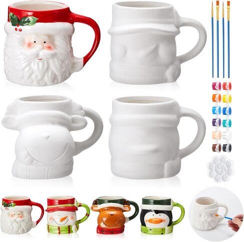 LOYIM Set of 4 Christmas Paint Your Own Mugs Christmas Ceramic to Paint Santa Snowman Elk Penguin DIY Coloring Mug Craft Kit with Paints, Brushes, Palette for Xmas Activities Art Favor Decoration in Kuwait