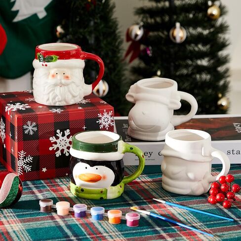 LOYIM Set of 4 Christmas Paint Your Own Mugs Christmas Ceramic to Paint Santa Snowman Elk Penguin DIY Coloring Mug Craft Kit with Paints, Brushes, Palette for Xmas Activities Art Favor Decoration in Kuwait