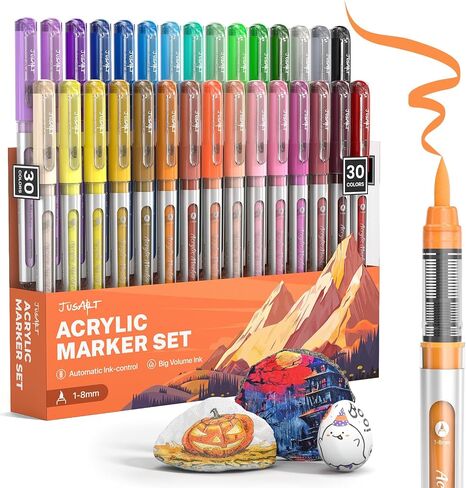 JusArt 30 Colors Acrylic Paint Markers Brush Tip, Water Based Paint Pens with Automatic Ink-Control, Waterproof 1-8mm Flexible Tip Acrylic Markers for Rock Painting, Wood, Fabric, Egg, Art Supplies in Kuwait
