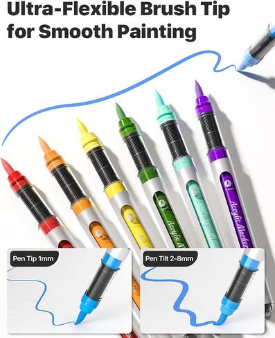 JusArt 30 Colors Acrylic Paint Markers Brush Tip, Water Based Paint Pens with Automatic Ink-Control, Waterproof 1-8mm Flexible Tip Acrylic Markers for Rock Painting, Wood, Fabric, Egg, Art Supplies in Kuwait