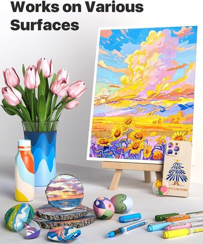 JusArt 30 Colors Acrylic Paint Markers Brush Tip, Water Based Paint Pens with Automatic Ink-Control, Waterproof 1-8mm Flexible Tip Acrylic Markers for Rock Painting, Wood, Fabric, Egg, Art Supplies in Kuwait