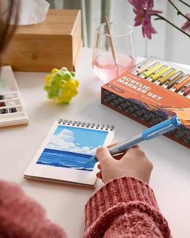 JusArt 30 Colors Acrylic Paint Markers Brush Tip, Water Based Paint Pens with Automatic Ink-Control, Waterproof 1-8mm Flexible Tip Acrylic Markers for Rock Painting, Wood, Fabric, Egg, Art Supplies in Kuwait