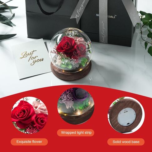 Unique Preserved Flowers Bouquet Gifts for Women, Real Forever Rose in Glass Dome with LED Light, for Birthday, Valentine's, Mother's Day, Christmas Day, Get Well, Home Décor in Saudi Arabia