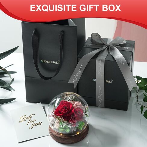Unique Preserved Flowers Bouquet Gifts for Women, Real Forever Rose in Glass Dome with LED Light, for Birthday, Valentine's, Mother's Day, Christmas Day, Get Well, Home Décor in Saudi Arabia