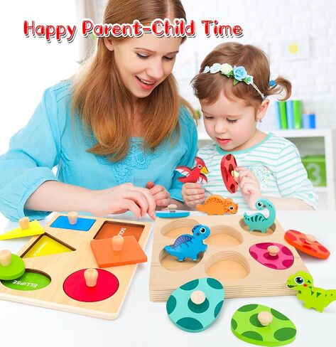 Wooden Peg Puzzle for Toddlers,Montessori Toys for Kids，Wooden Learning Color Sorting Shape Puzzles for Boys Girls, Dinosaur Match Eggs Developmental Sensory Matching Games in Kuwait