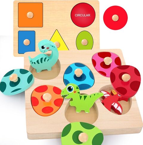 Wooden Peg Puzzle for Toddlers,Montessori Toys for Kids，Wooden Learning Color Sorting Shape Puzzles for Boys Girls, Dinosaur Match Eggs Developmental Sensory Matching Games in Kuwait