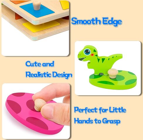 Wooden Peg Puzzle for Toddlers,Montessori Toys for Kids，Wooden Learning Color Sorting Shape Puzzles for Boys Girls, Dinosaur Match Eggs Developmental Sensory Matching Games in Kuwait