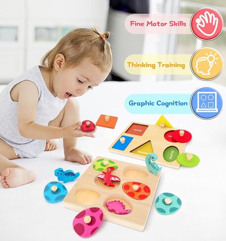 Wooden Peg Puzzle for Toddlers,Montessori Toys for Kids，Wooden Learning Color Sorting Shape Puzzles for Boys Girls, Dinosaur Match Eggs Developmental Sensory Matching Games in Kuwait