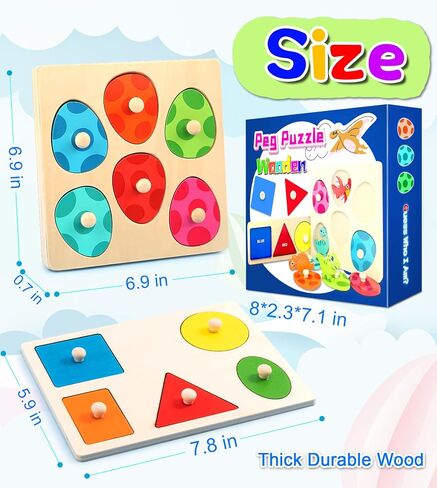 Wooden Peg Puzzle for Toddlers,Montessori Toys for Kids，Wooden Learning Color Sorting Shape Puzzles for Boys Girls, Dinosaur Match Eggs Developmental Sensory Matching Games in Kuwait
