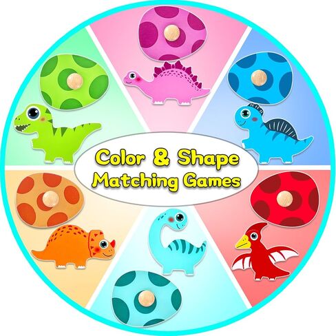 Wooden Peg Puzzle for Toddlers,Montessori Toys for Kids，Wooden Learning Color Sorting Shape Puzzles for Boys Girls, Dinosaur Match Eggs Developmental Sensory Matching Games in Kuwait