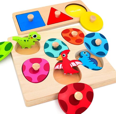 Wooden Peg Puzzle for Toddlers,Montessori Toys for Kids，Wooden Learning Color Sorting Shape Puzzles for Boys Girls, Dinosaur Match Eggs Developmental Sensory Matching Games in Kuwait