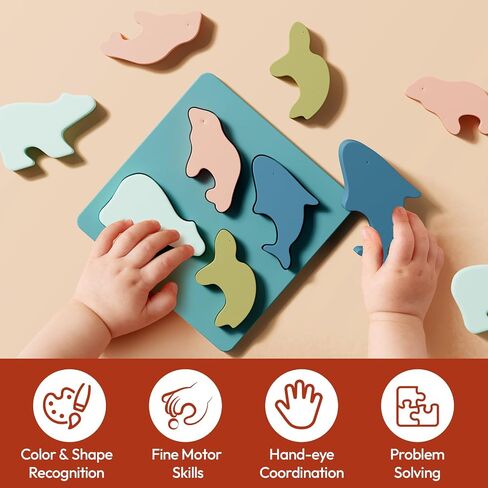NCVI Baby Animal Puzzles 12-18 Months+, Soft Silicone Toddler Puzzles Ages 1-2, Montessori Toys Cultivate Babies' Ability to Learn Grip and Hand-Eye Coordination, Food-Grade Silicone BPA Free, Blue in Saudi Arabia