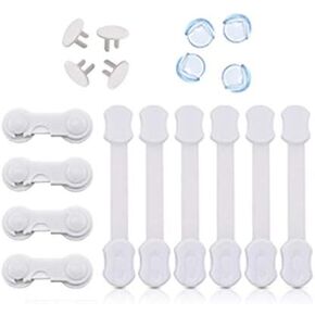 18 Pieces Baby Safety Proofing Kit- 6 Strong, Sturdy Adjustable Latches (Bonus Extra 6x3M Adhesives) + 4 Cabinet Locks+ 4 Corner Protectors and 4 Electrical Socket Plugs- No Tools Needed! (White, 18)