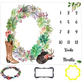 Baby Age Blanket, Colorful Floral Wreath Western Cowgirl Month Baby Milestone Blanket for Girls, 60x40 Inch Baby Swaddling Blanket Growth Chart Blanket BTLSLY149