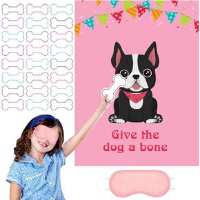38 Pieces Pin The Bone on The Dog Party Games Give The Dog a Bone Pin The Dog Poster for Kids with Blindfolds and Stickers Dog Themed Birthday Party Supplies Pink Dog Party Game