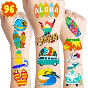 8 Sheets (96PCS) Surf Temporary Tattoos Surfing Beach Theme Birthday Party Decorations Favors Supplies Stickers For Kids Girls Boys Gifts Classroom School Prizes Rewards