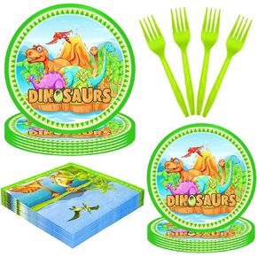 HJINGY 96 PCS Pink Dinosaur Party Supplies, Pink Dinosaur Birthday Party Tableware Set for Girls Pink Dino Plates Napkins Forks Party Decorations for 24 Guests Dino Party Favors