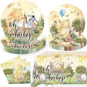 76pcs Bear Baby Shower Decorations Tableware Set, Oh Baby Pooh Plates and Napkins Tablecloth Set Bear Baby Shower Decorations, for Boys Girls Newborn Birthday Decorations in Kuwait