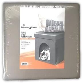 Collapsible 2-in-1 Faux Leather Pet Ottoman Foot Stool with Fleece Interior Cushion (15", Taupe) - Cube/Indoor House - Pet Cave Bed Tunnel Hideaway for Small to Medium Cats and Dogs
