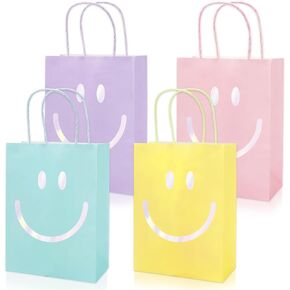 16Pcs Preppy Party Favor Bags Pastel Smile Face Paper Gift Bags with Handles Goodie Treat Bags for Summer Bachelorette Birthday Wedding Baby Shower Party Supplies