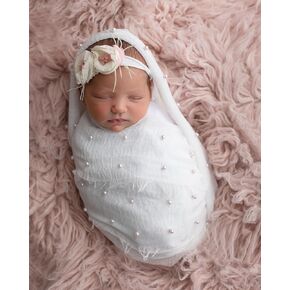 Newborn Baby Photography Props Baby Photo Wrap Blanket for Baby Girl Pearl Decor Wrap Set with Headband (Pink)