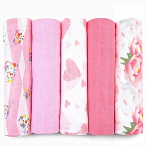 Muslin Swaddle Blankets for Newborn, 5 Pack Neutral Receiving Blanket, Muslin Blanket Swaddles Wrap for Boys and Girls, Baby Essentials, 47x47 Inches Large Size, 100% Cotton, Floral