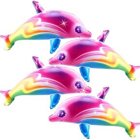 4 Pack 34 Inch Inflatable Dolphin Rainbow Colorful Dolphin Inflate Blow up Dolphin Inflatable Pool Toy for Swimming Pool Beach Birthday Water Theme Party Decoration