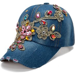 Women Multi-Color Rhinestone Baseball Cap Bling Denim Sun Hat,Studded Big Crystals,Adjustable