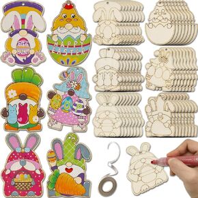 48 Pieces Easter Gnome Crafts Wooden Gnome Ornaments Cutouts Unfinished Wood Blanks Hanging Slices for Easter Spring Tree Elf Gnome to Paint (48)