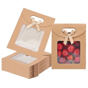 NBEADS 24 Pcs MINI Kraft Paper Bags with Window, 4.7x2.4x6.2 Stand Up MINI Gift Bag With Handles Brown Gift Bag with Clear Window for Candy Cookies Packaging Wedding Christmas Party Store Retail