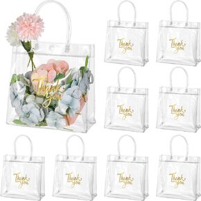 Leinuosen 50 Pcs Clear Gift Bags with Handle Thank You Gift Bags Transparent PVC Gift Wrap Tote Bag Reusable Gift Bags for Wedding Birthday Party Favor(Clear, 5.9 x 5.1 x 2.76 Inch)