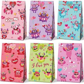 Geyee 72 Pcs Valentine Paper Bag Valentines Day Treat Bags of Monster Assorted Candy Gift Bags Wedding Party Favor Paper Bags Small Birthday Decor Supplies and Heart Sticker Bulk School Snack for Kid