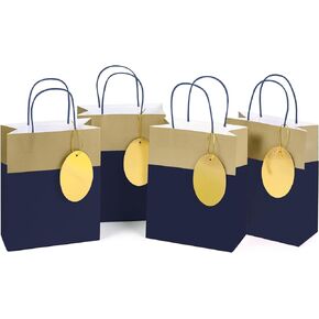 WRAPAHOLIC 8 Pack Small Gift Bags with Handles - 6" Gift Bags with Gift Tags for Wedding, Birthday, Baby Shower, Party Favors - Navy & Gold