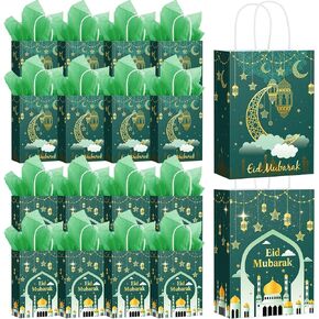 Trandraft 24 Pcs Ramadan Mubarak Gift Bags with Tissue Paper Ramadan Goodies Happy Eid Gift Bags Muslim Party Favor with Handle for Eid Muslim Supplies Al Fitr Party Decoration(Blue)