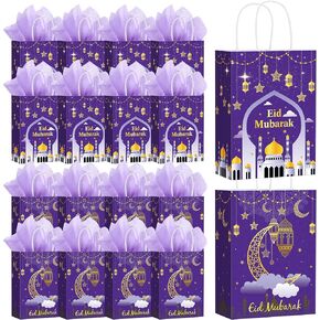 Trandraft 24 Pcs Ramadan Mubarak Gift Bags with Tissue Paper Ramadan Goodies Happy Eid Gift Bags Muslim Party Favor with Handle for Eid Muslim Supplies Al Fitr Party Decoration(Blue)