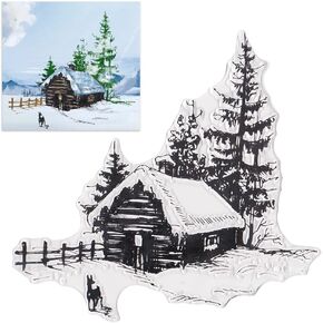 Christmas Snow House Background Clear Stamps for Card Making Decoration DIY Scrapbooking, Christmas Scenery Background Transparent Rubber Seal Stamps for Photo Card Album Crafting Supplies