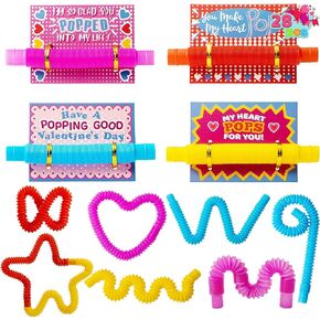 JOYIN 28 Packs Valentines Cards with Pop Tubes for Kids, Pop Tubes with Valentines Day Gift Cards Set, Stretchy Tube Stress Relief Fidget Toys for Kids Valentine's Day Favors Classroom Gifts