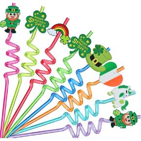 8Pcs St Patricks Day Decorations Straws, St. Patrick's Day Decorations Accessories Shamrock Reusable Drinking Straws Kids Crazy Straws Irish Decor Party Supplies-Green