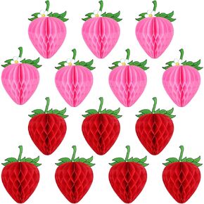 Epakh 14 Pieces 6 Inches Strawberry Honeycomb Strawberry Birthday Party Decorations Paper Strawberry Ball Tissue Shortcake Party Decorations for Girls Baby Shower Birthday (Red, Pink)