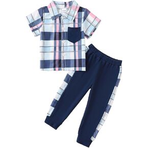 KIMI BEAR Baby Boy Outfit Toddler Clothes Little Short Sleeve Plaid Shirt Summer Top Pants Set Baby Clothes for Boys